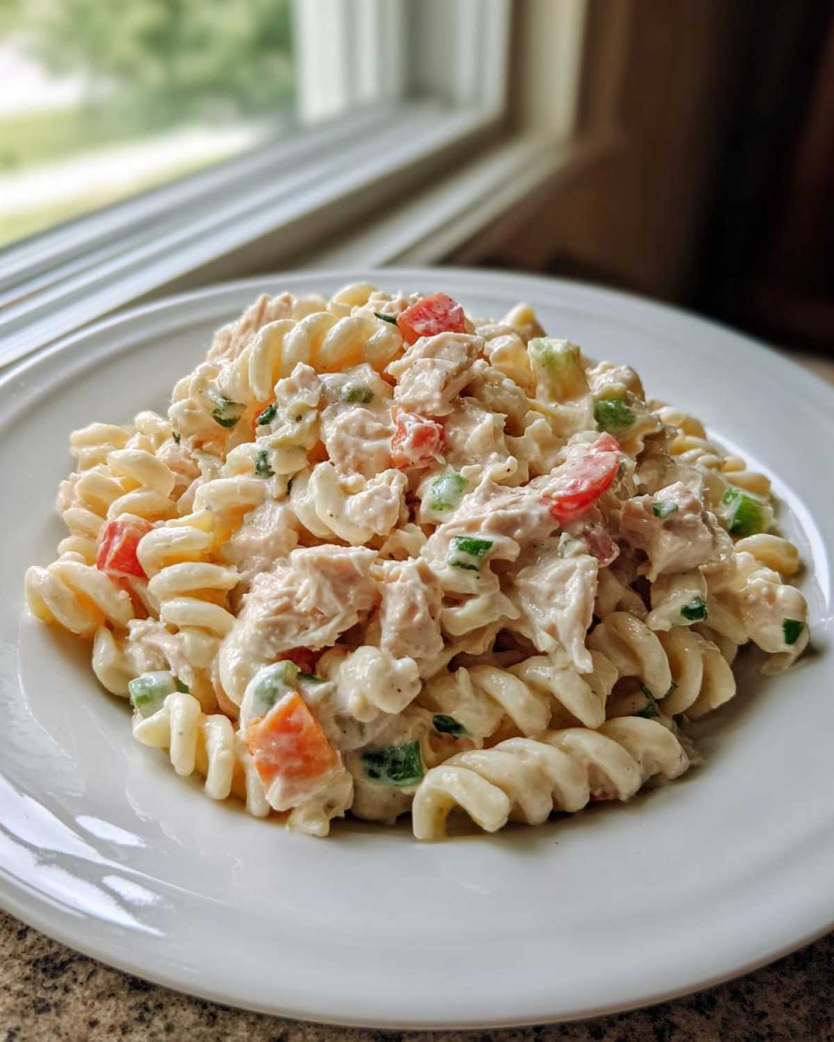 A serving of creamy Tuna pasta salad mixed with vegetables on a white plate near a window.