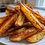 A close-up shot of a generous pile of crispy, golden-brown air fryer potato wedges seasoned with spices, served on a white plate.