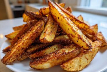 A close-up shot of a generous pile of crispy, golden-brown air fryer potato wedges seasoned with spices, served on a white plate.