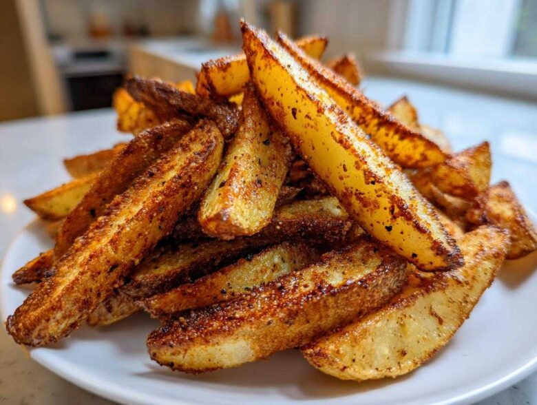 A close-up shot of a generous pile of crispy, golden-brown air fryer potato wedges seasoned with spices, served on a white plate.