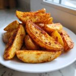A close-up of a pile of golden, crispy air fryer potato wedges seasoned with paprika, served on a white plate.