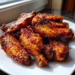A close-up of several golden brown, glossy, and crispy baked chicken wings piled on a white plate.