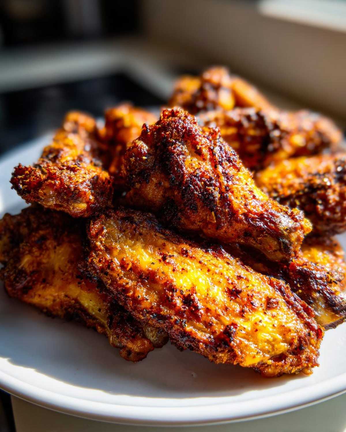 Close-up of a pile of golden brown, seasoned, crispy baked chicken wings on a white plate.