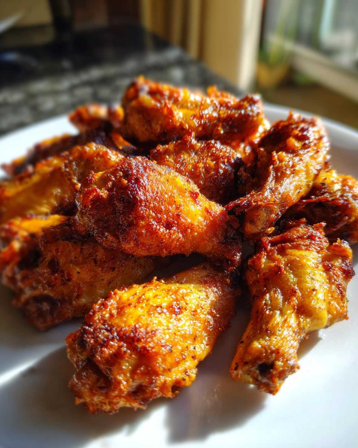 A close-up of golden brown, seasoned crispy baked chicken wings piled on a white plate.