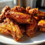 A close-up of golden brown, seasoned, crispy baked chicken wings piled high on a white plate.