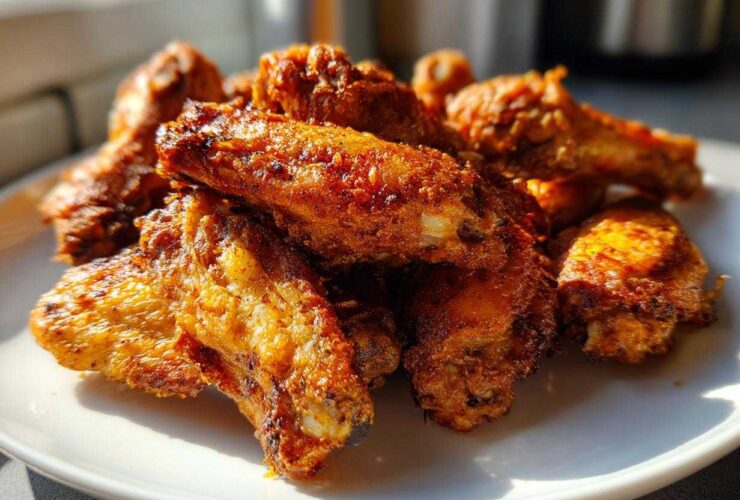A close-up of golden brown, seasoned, crispy baked chicken wings piled high on a white plate.