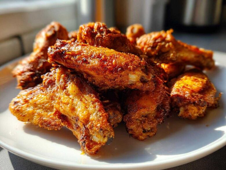 A close-up of golden brown, seasoned, crispy baked chicken wings piled high on a white plate.