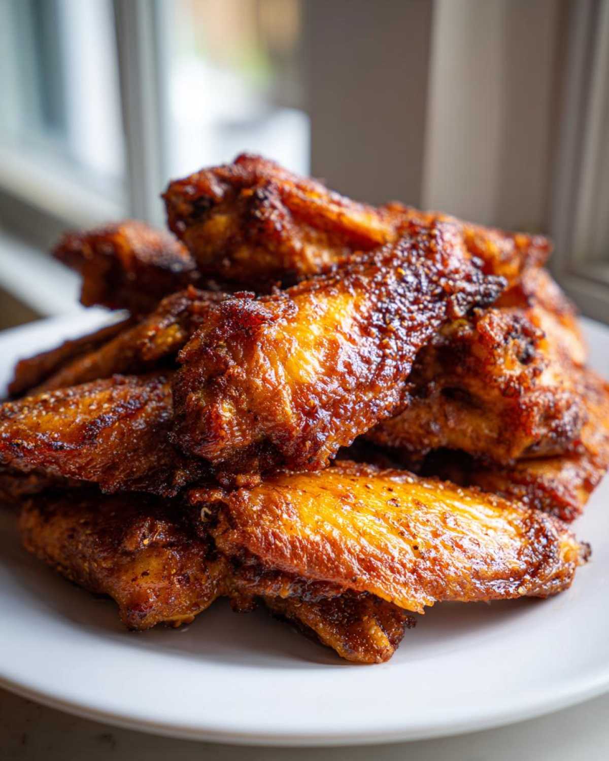 A close-up stack of golden brown, perfectly crispy baked chicken wings on a white plate.
