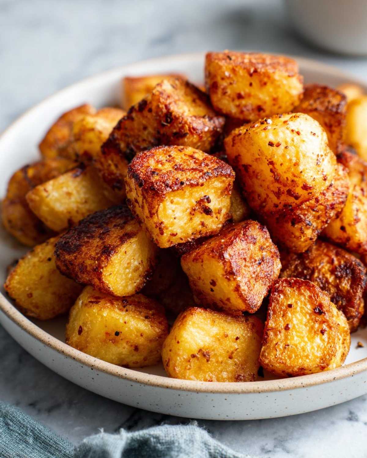 Close-up of golden brown, crispy breakfast potatoes piled high in a speckled white bowl.