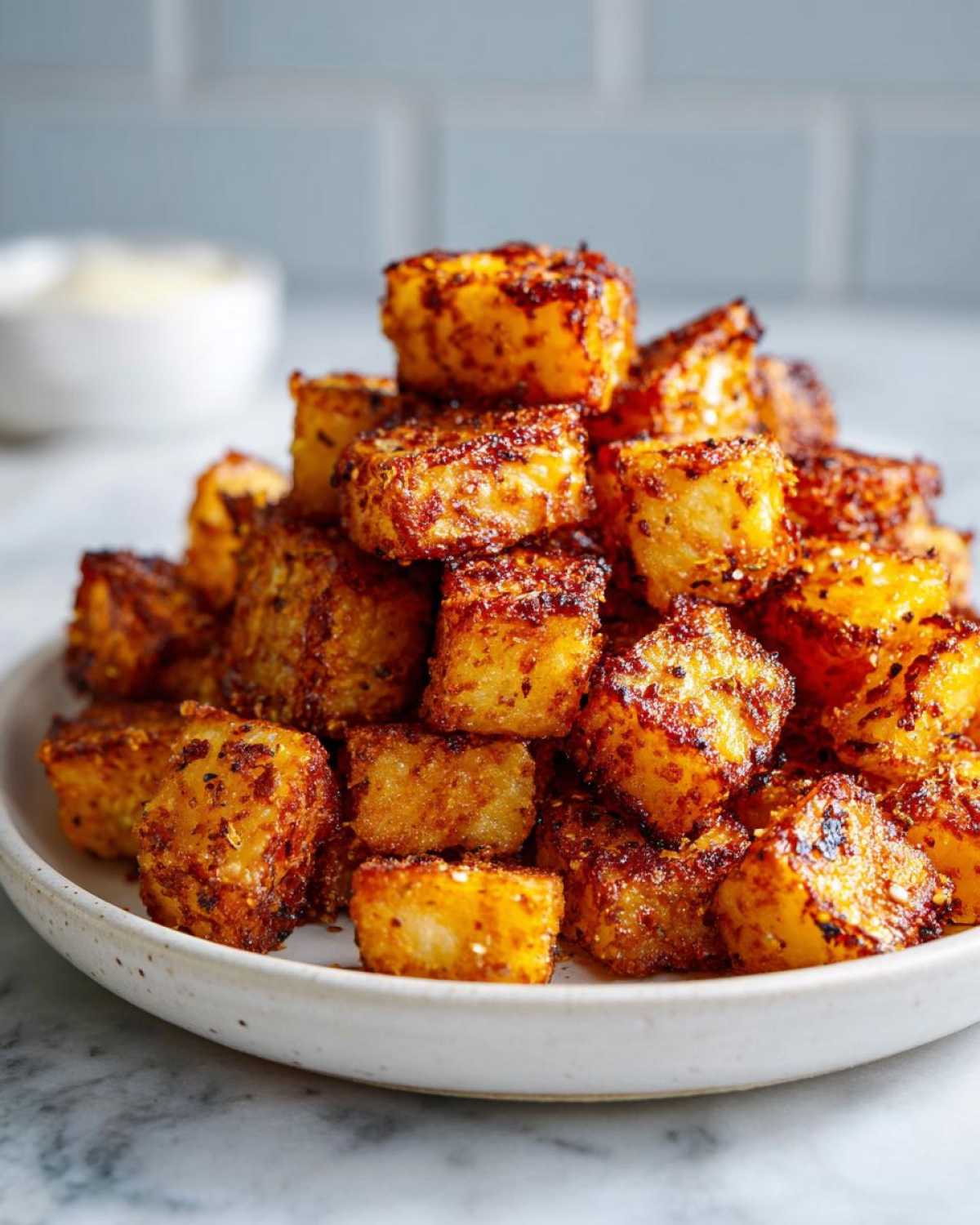 A mound of perfectly seasoned, crispy breakfast potatoes piled high on a speckled white plate.