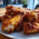 Close-up of golden brown, crispy chicken wings piled on a white plate, showing the juicy interior.