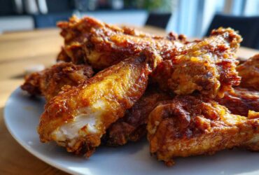 Close-up of golden brown, crispy chicken wings piled on a white plate, showing the juicy interior.