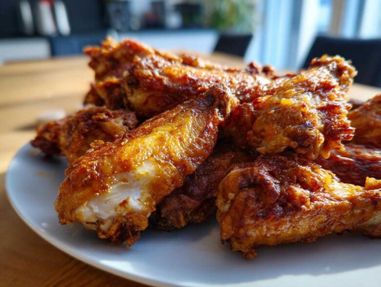 Close-up of golden brown, crispy chicken wings piled on a white plate, showing the juicy interior.