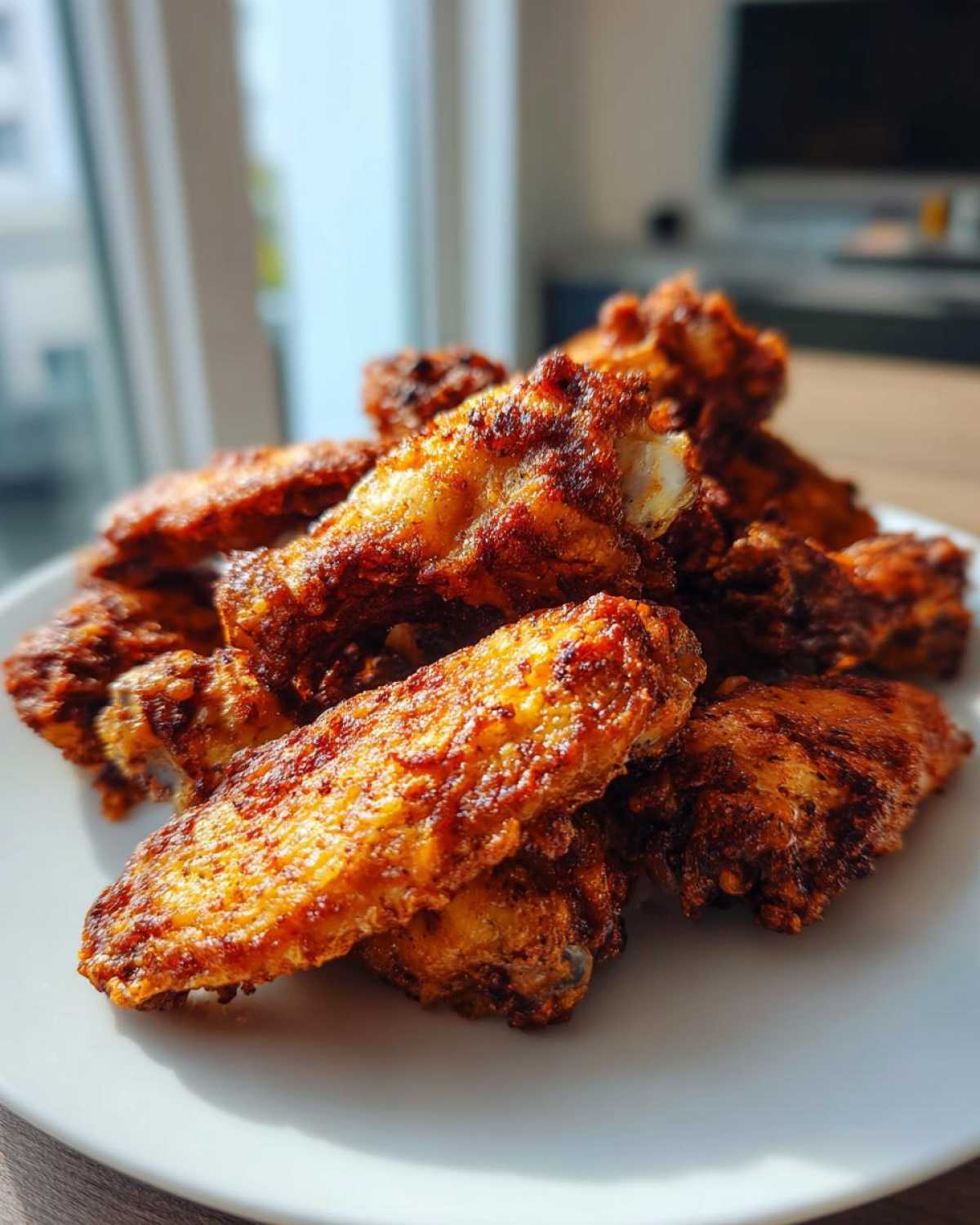 Close-up of a pile of perfectly crispy, seasoned chicken wings on a white plate, highlighting their golden-brown texture.