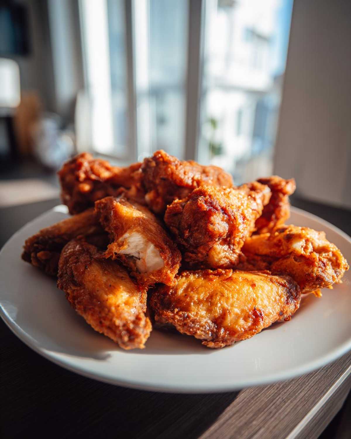 A plate piled high with perfectly crispy, golden brown chicken wings, one wing is broken open showing the white meat.