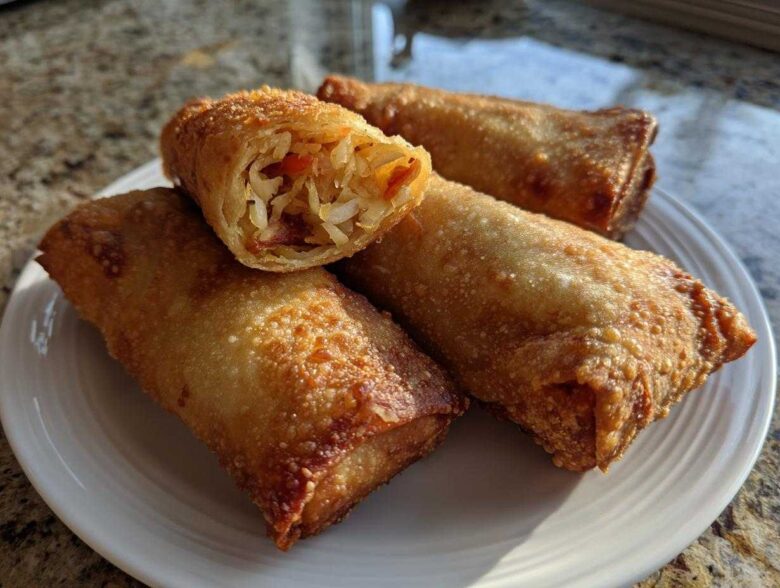 Four golden brown, crispy fried egg rolls on a white plate, one cut open showing cabbage filling.