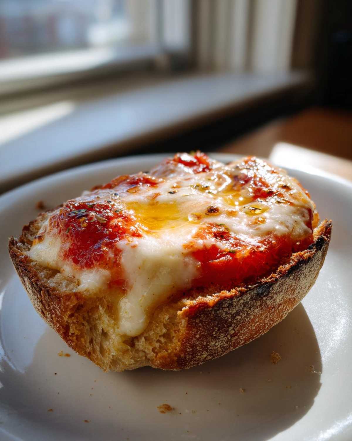 Close-up of a crispy English muffin pizza half topped with melted mozzarella, tomato sauce, and olive oil.