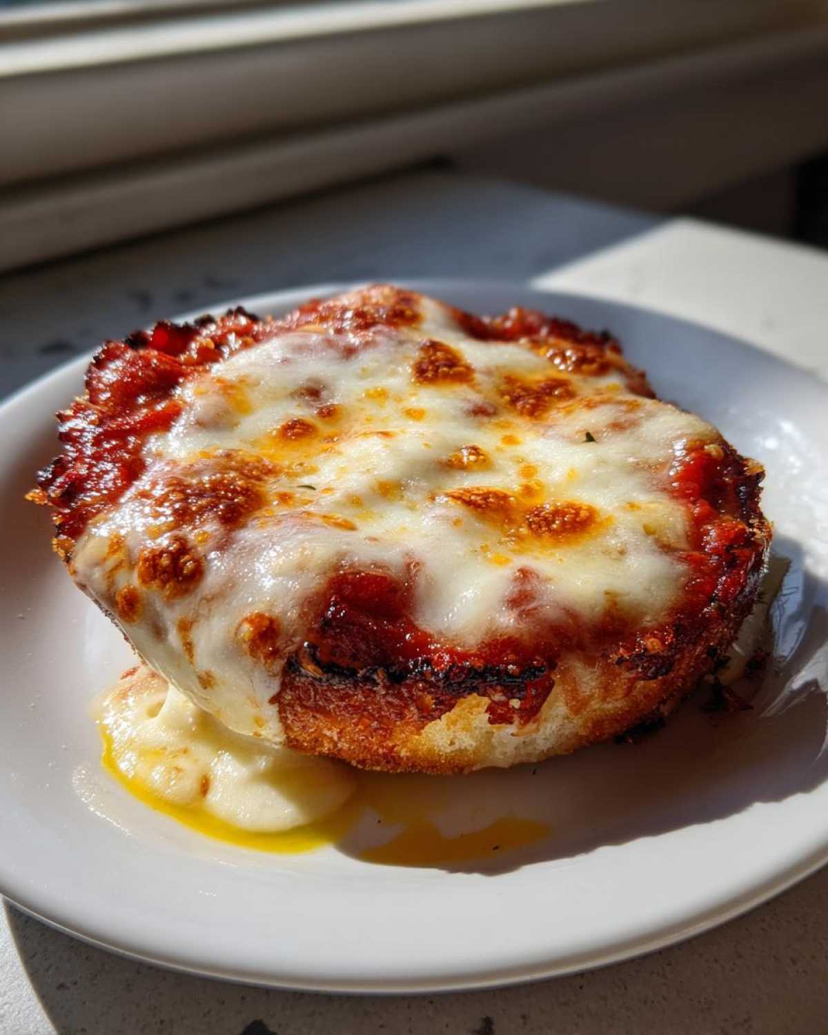 A single, perfectly cooked english muffin pizza topped with bubbling tomato sauce and melted, browned mozzarella cheese.