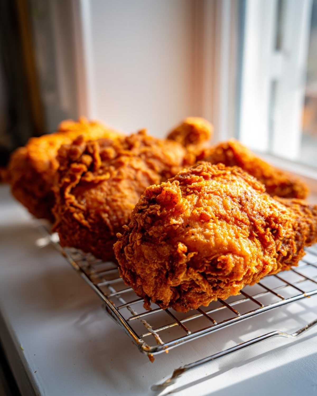 Close-up of several pieces of golden brown, crispy fried chicken resting on a wire cooling rack.