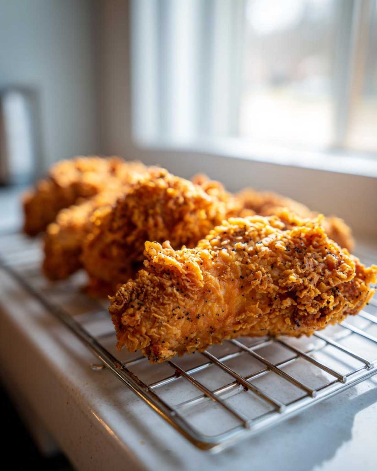 Close-up of perfectly crispy fried chicken pieces cooling on a wire rack near a bright window.