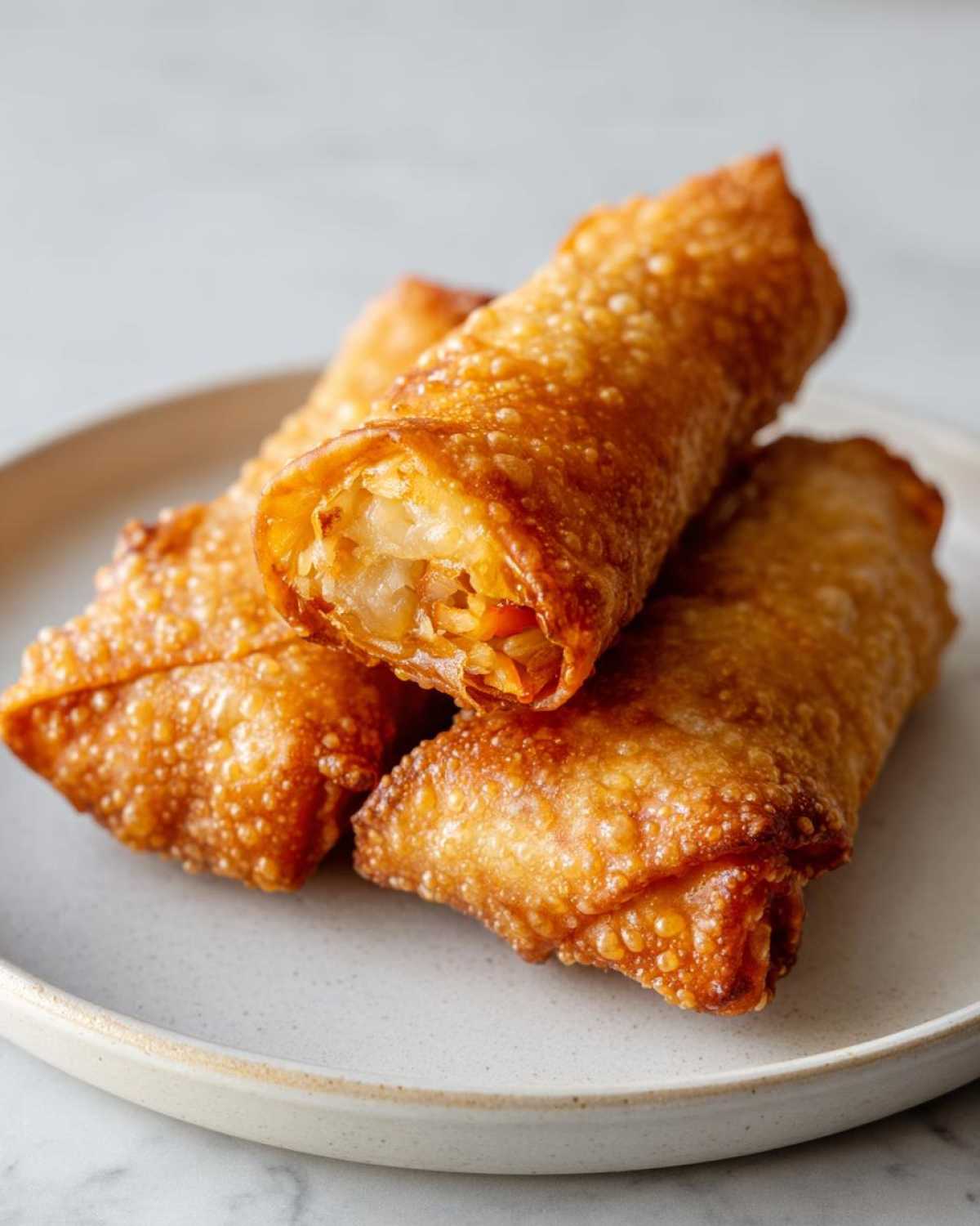 Three golden brown, crispy fried egg roll appetizers stacked on a light ceramic plate, one showing the vegetable filling.