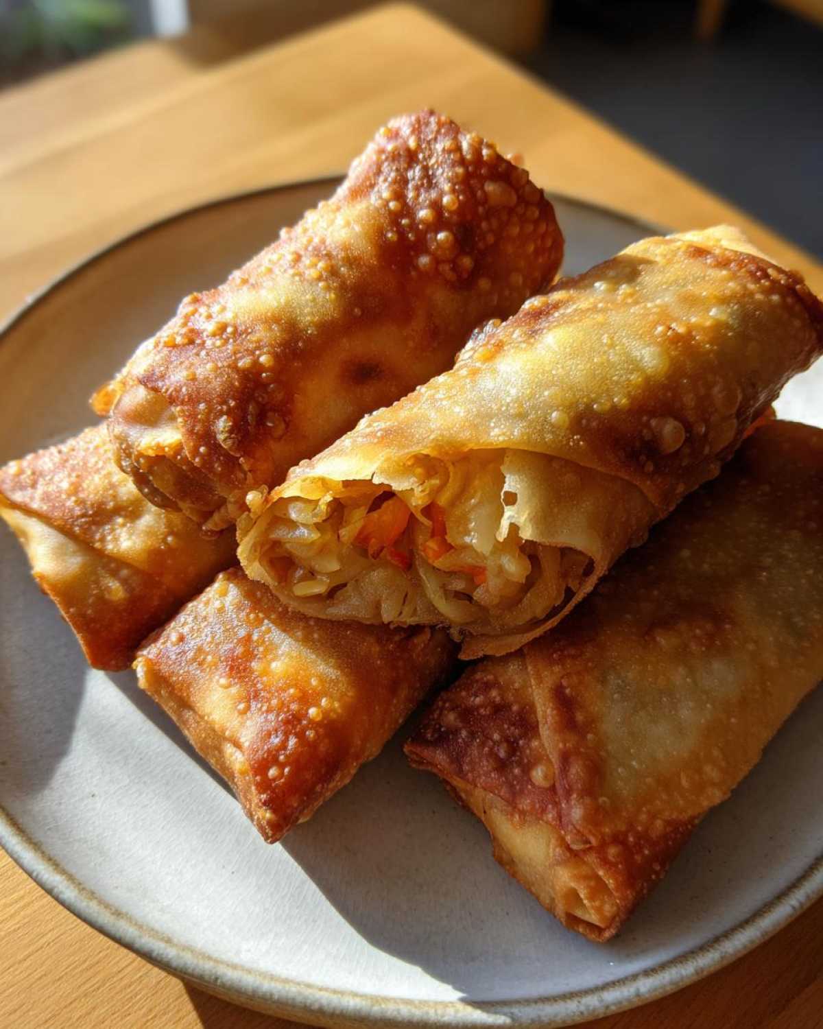 Close-up of several golden brown, crispy fried egg roll pieces stacked on a light gray plate.