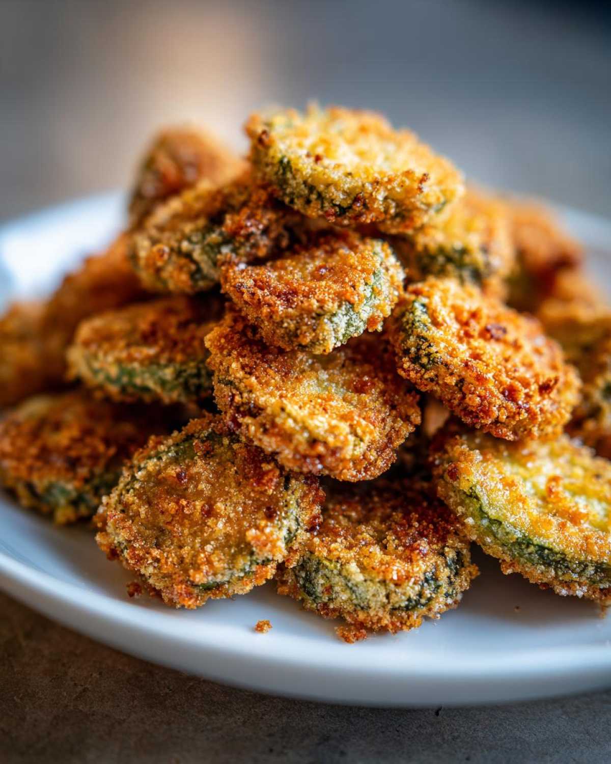 Close-up of a tall pile of golden-brown, crispy Fried Pickles stacked on a white plate.