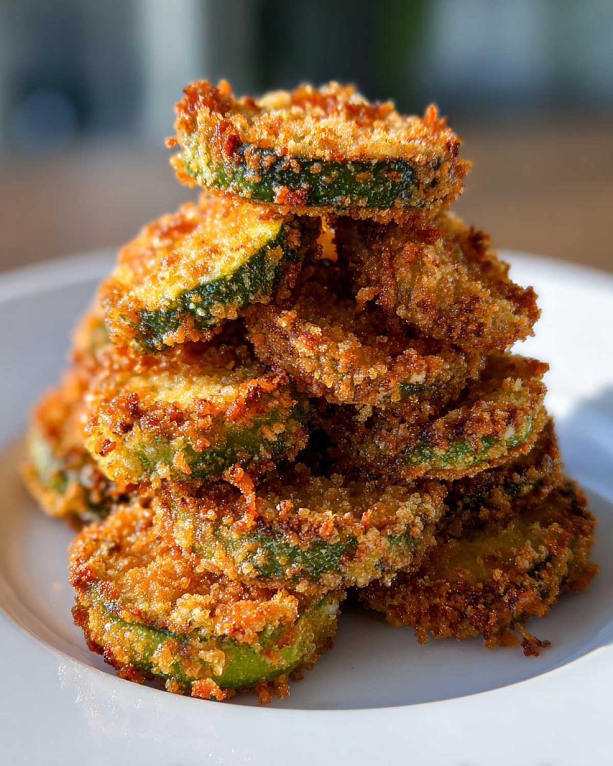 A tall stack of golden brown, crispy Fried Pickles slices piled high on a white plate.