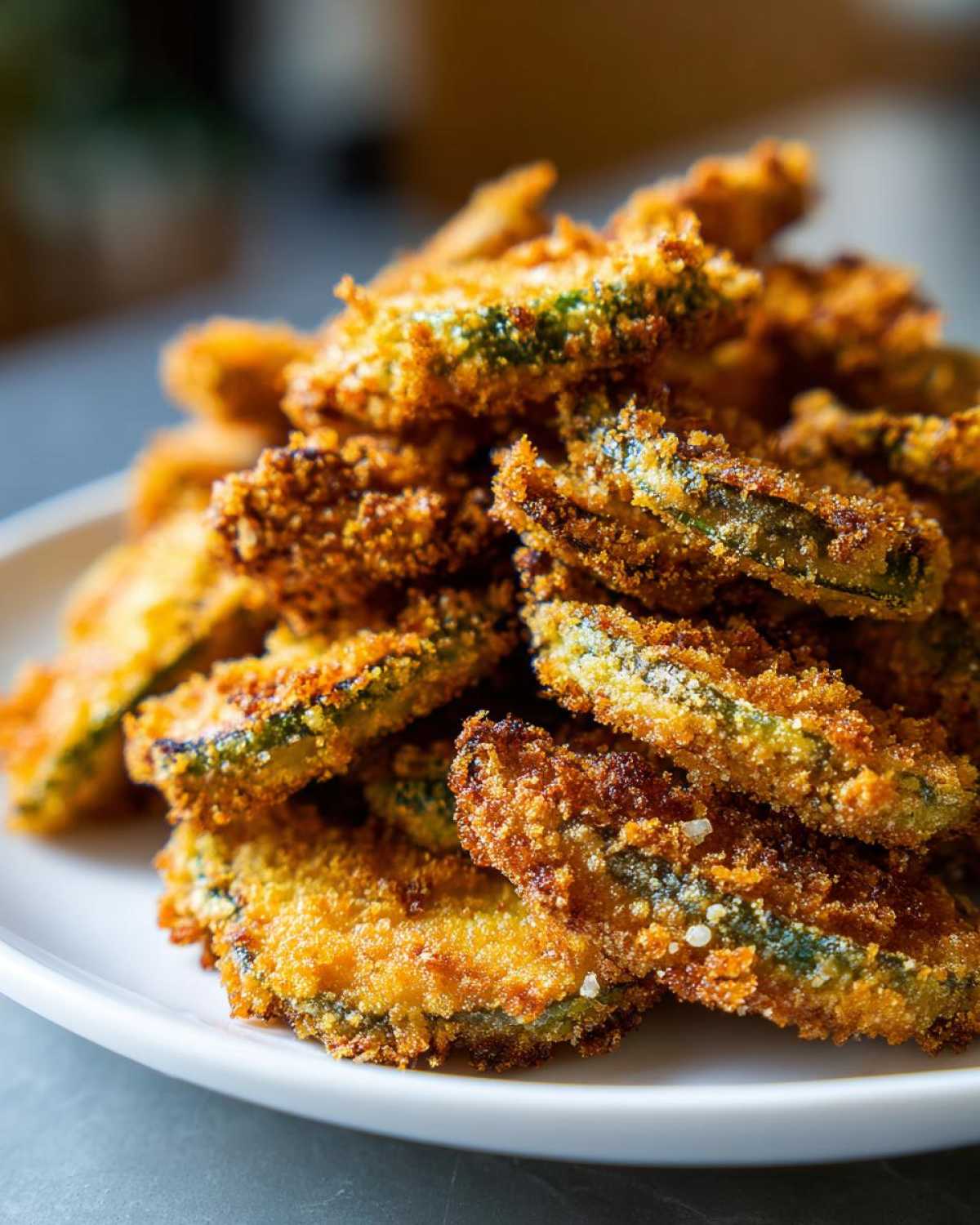 A close-up of a large pile of golden brown, crispy Fried Pickles stacked high on a white plate.