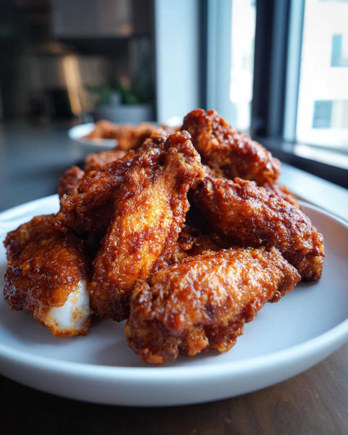 Close-up of several crispy, glazed chicken wings piled high on a white plate, showing off their texture.