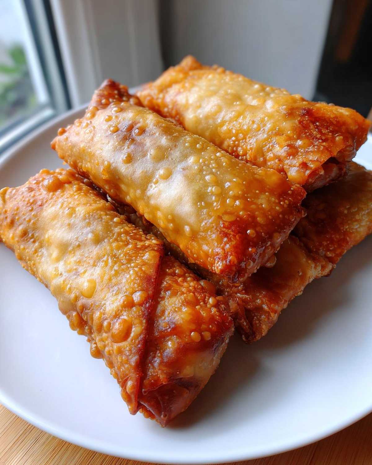 A stack of four crispy, golden-brown fried egg roll appetizers resting on a white plate near a window.
