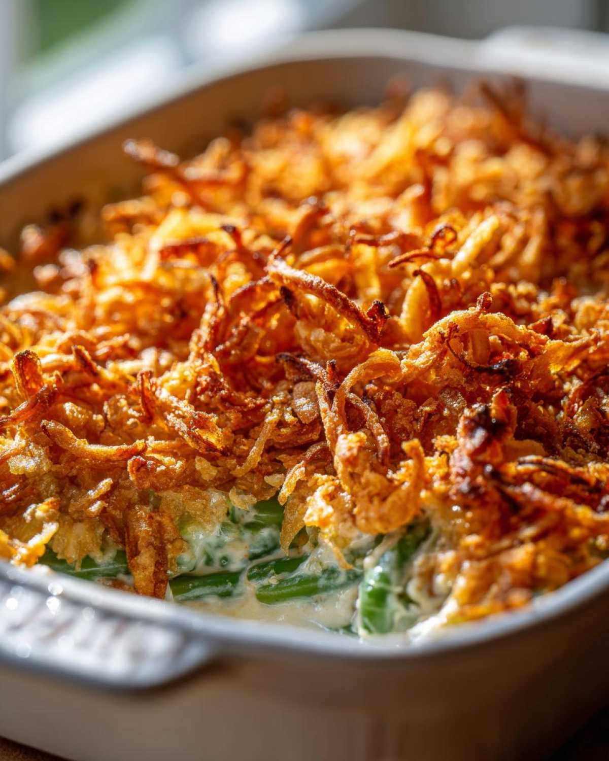 A close-up shot of a freshly baked green bean casserole featuring bright green beans in a creamy sauce, topped with a thick layer of crispy fried onions.