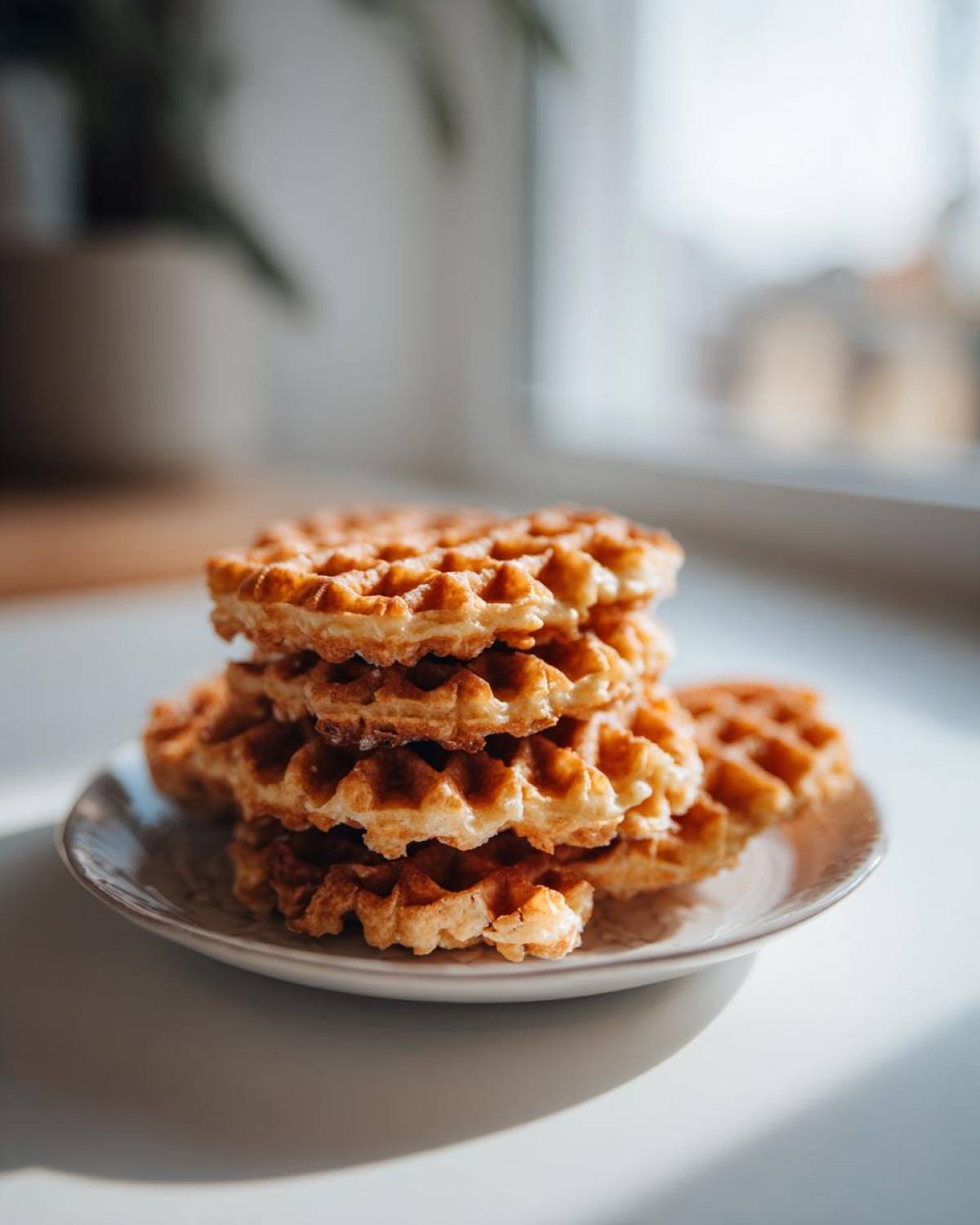 A stack of golden brown, crispy pizzelle cookies resting on a small patterned plate near a bright window.