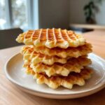 A stack of golden, thin, and crispy pizzelle cookies resting on a light ceramic plate.