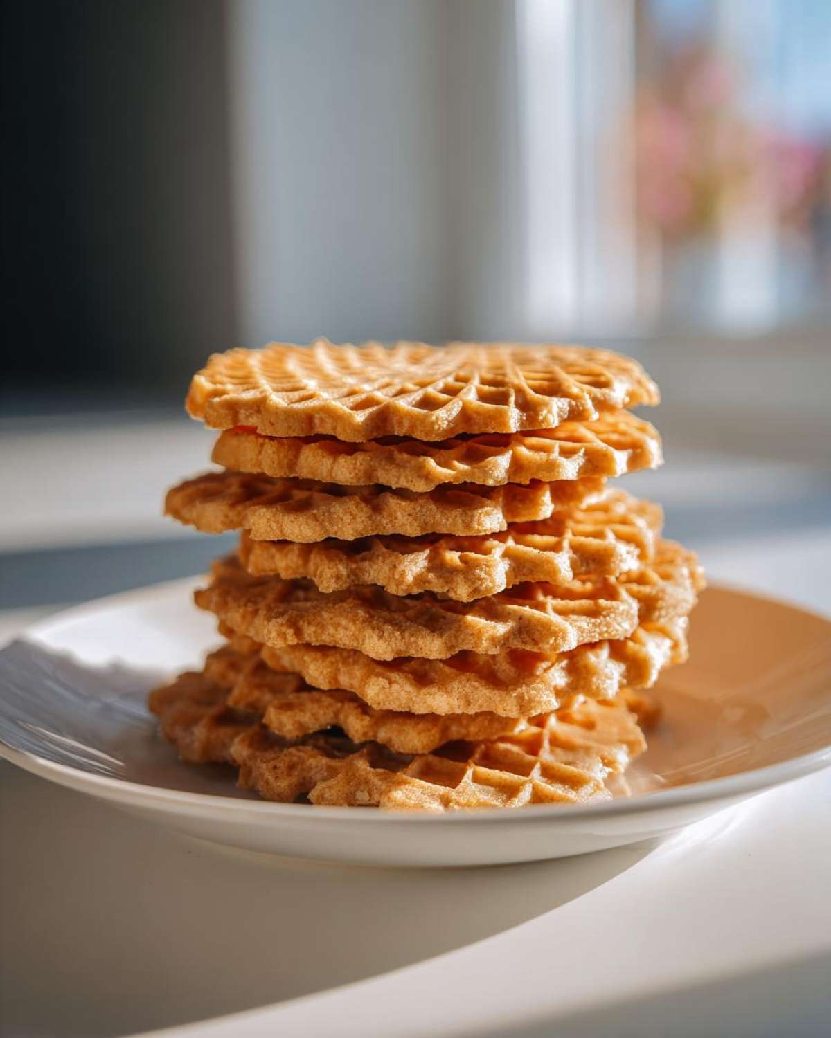 A tall stack of golden brown, crispy pizzelle cookies resting on a white plate, illuminated by natural light.
