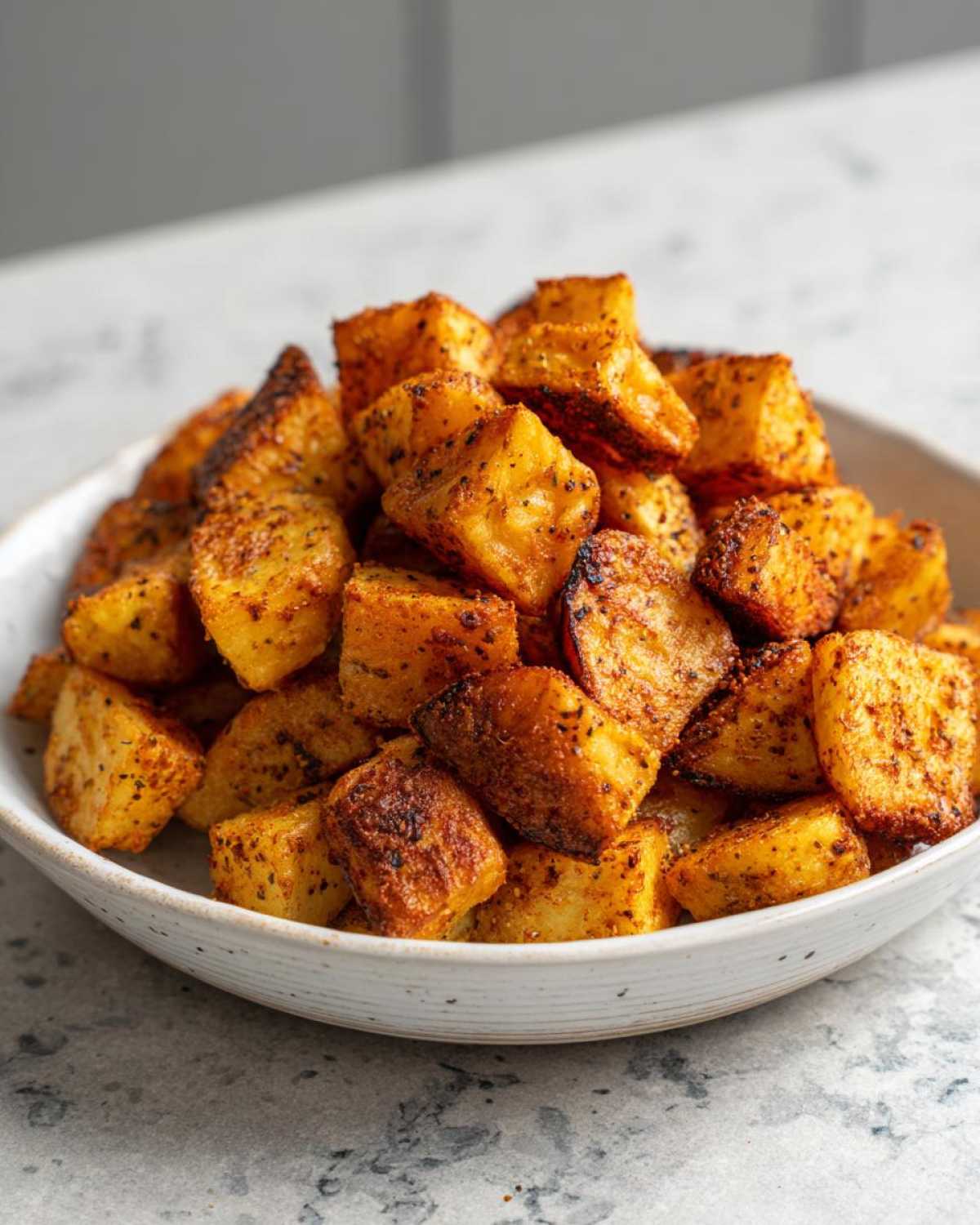 A close-up of golden brown, perfectly seasoned breakfast potatoes piled high in a speckled white bowl.