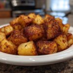 A white bowl filled with golden brown, crispy seasoned breakfast potatoes, ready to serve.