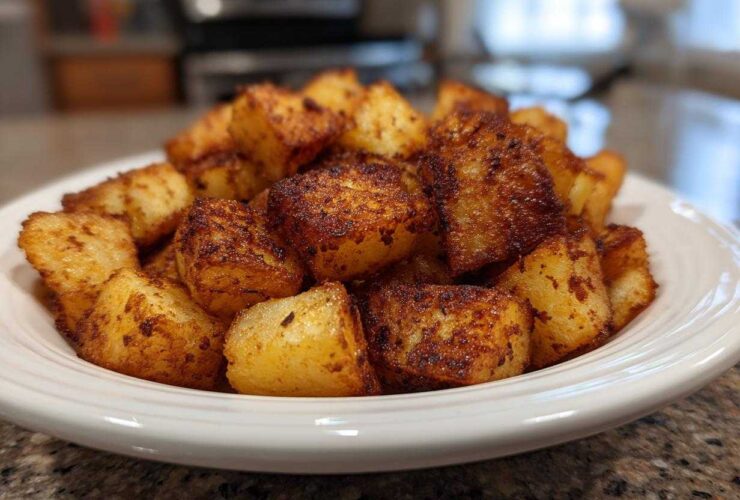 A white bowl filled with golden brown, crispy seasoned breakfast potatoes, ready to serve.