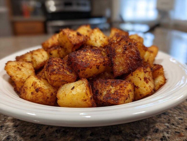 A white bowl filled with golden brown, crispy seasoned breakfast potatoes, ready to serve.