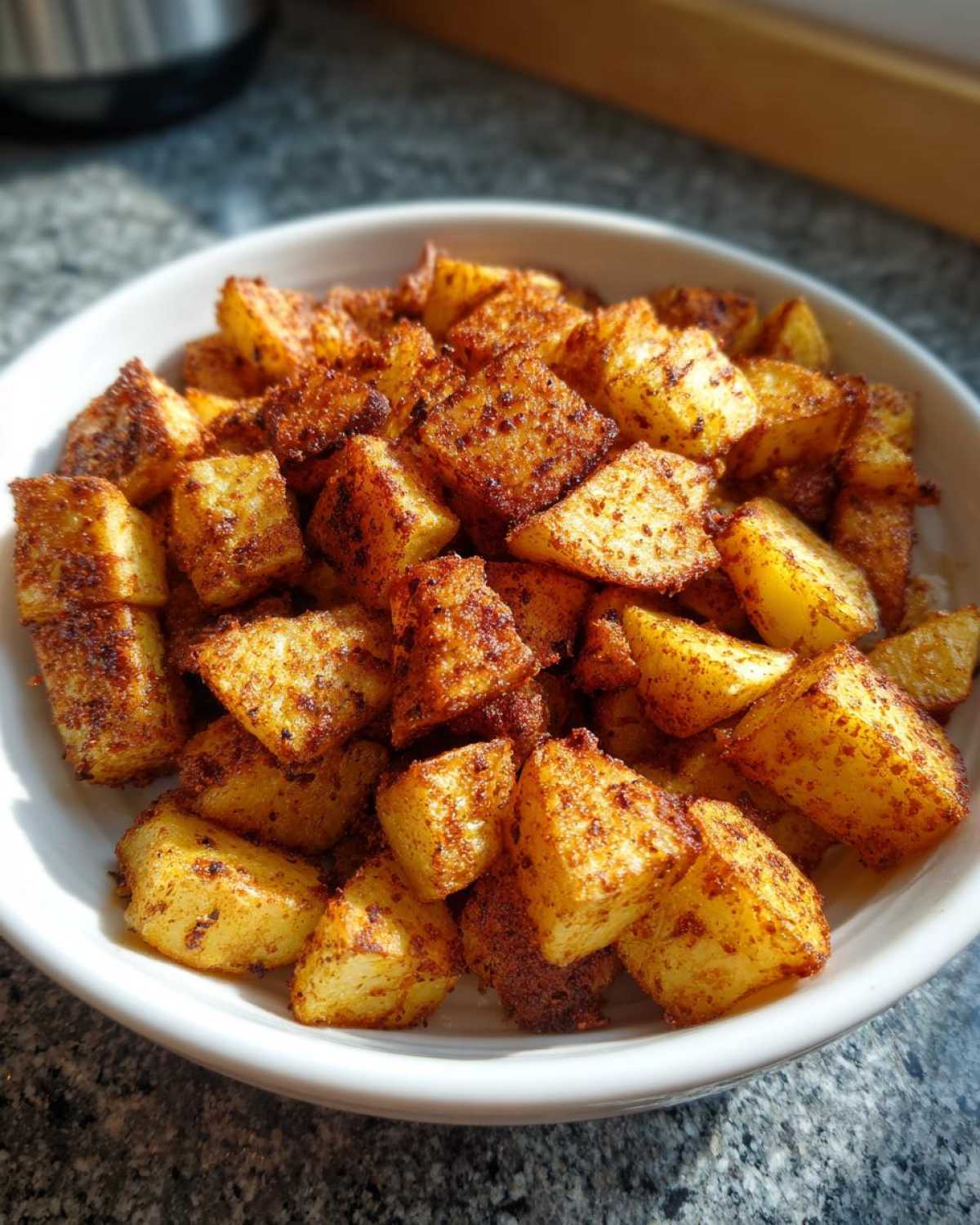 Close-up of crispy, golden-brown seasoned breakfast potatoes served in a white bowl.