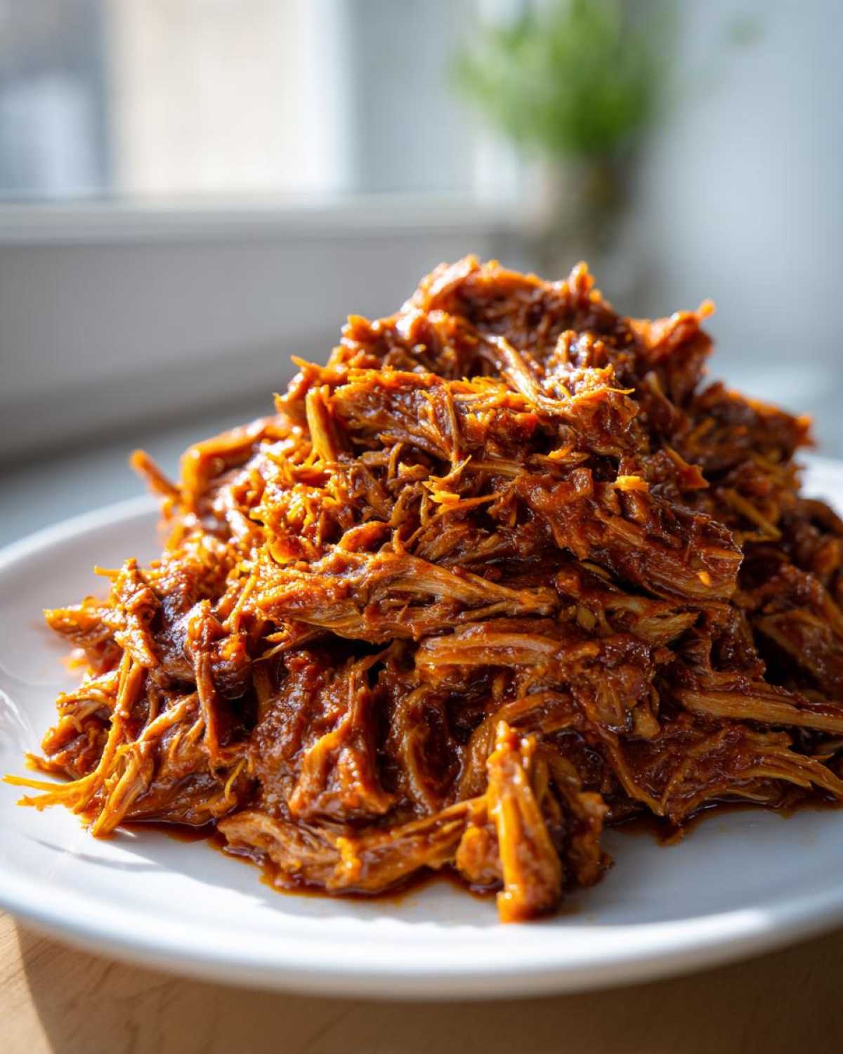 Close-up of a generous mound of saucy, shredded crock pot pulled pork piled high on a white plate.