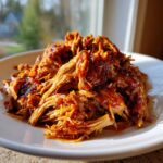 A close-up of shredded, saucy crock pot pulled pork piled high on a white plate, backlit by a window.