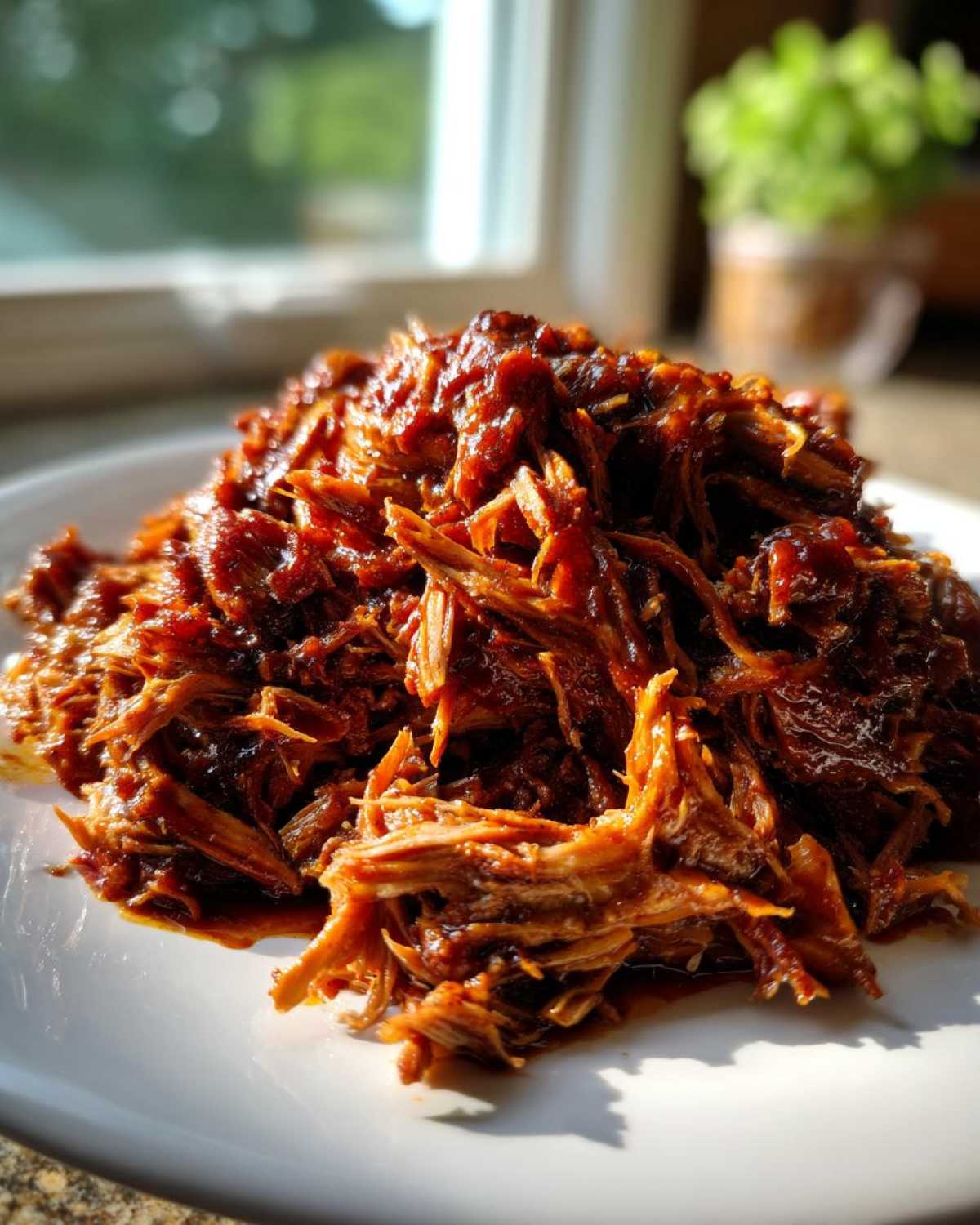 A close-up of shredded, saucy crock pot pulled pork piled high on a white plate, backlit by a window.