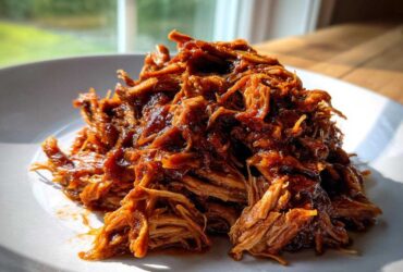 A close-up of a generous pile of saucy, shredded crock pot pulled pork served on a white plate.