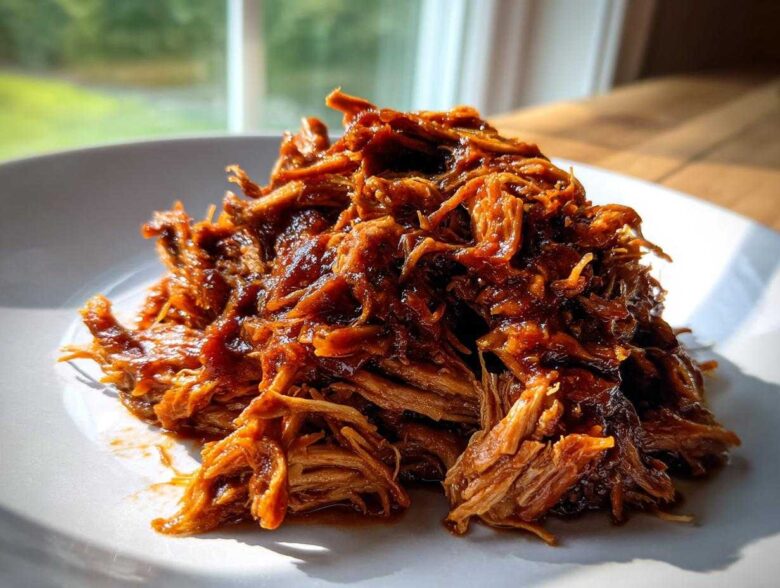 A close-up of a generous pile of saucy, shredded crock pot pulled pork served on a white plate.