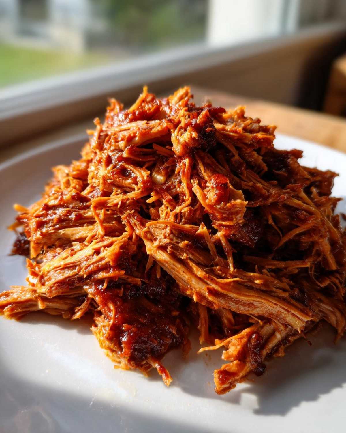 A close-up of shredded, saucy crock pot pulled pork piled high on a white plate.