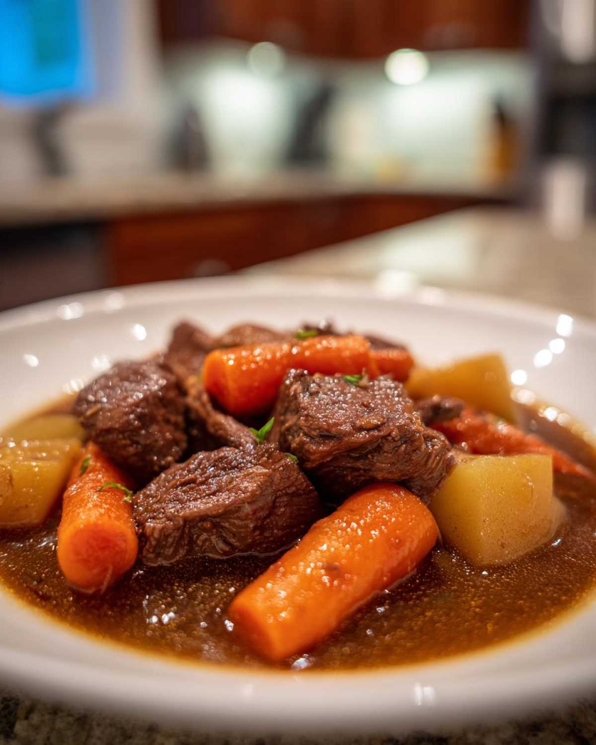 Close-up of tender beef chunks, bright carrots, and potatoes in rich gravy from crockpot beef stew.