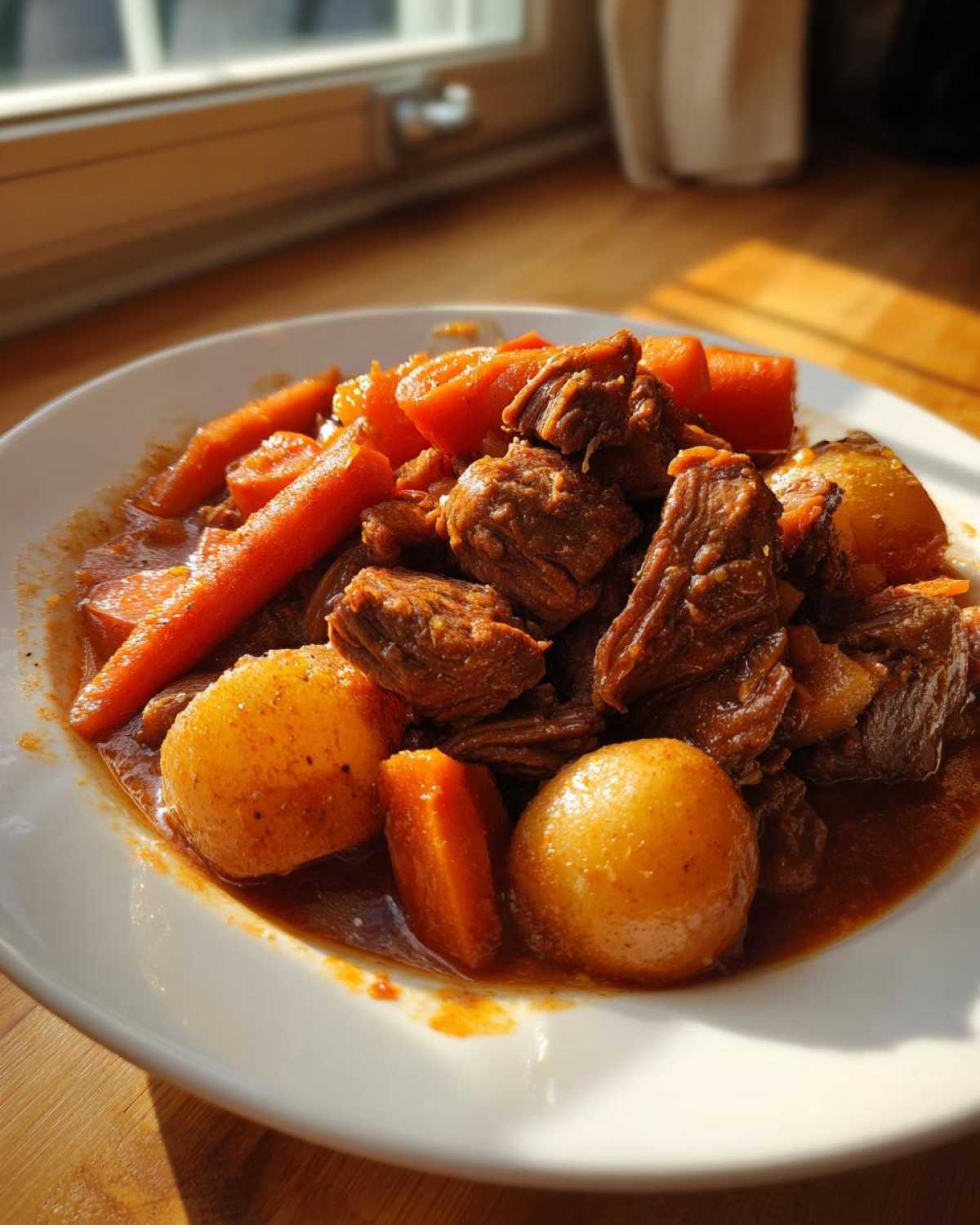A close-up of tender beef chunks, whole small potatoes, and carrots in rich gravy from a crockpot beef stew.
