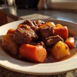 A close-up of tender chunks of beef, carrots, and potatoes in rich gravy, representing amazing crockpot beef stew.