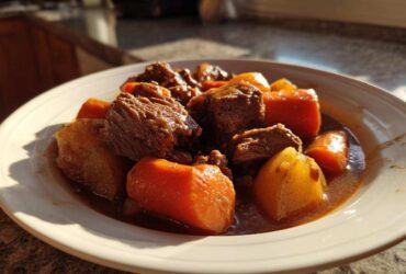 A close-up of tender chunks of beef, carrots, and potatoes in rich gravy, representing amazing crockpot beef stew.
